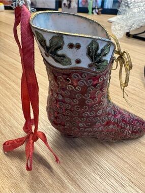 Vintage Cloisonné  Boot Holiday Ornament with Gold bow 4”